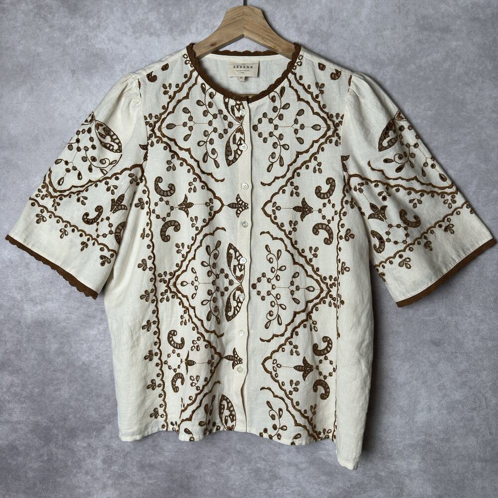 Sezane Waverly Blouse NWT Beige Brown Embroidered Linen Cotton Lace Trim 36 US 4 - Picture 1 of 16